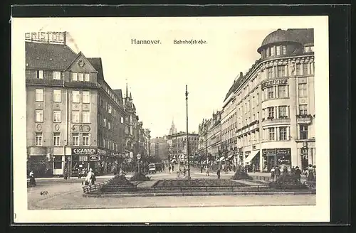 AK Hannover, An der Bahnhofstrasse mit Geschäften