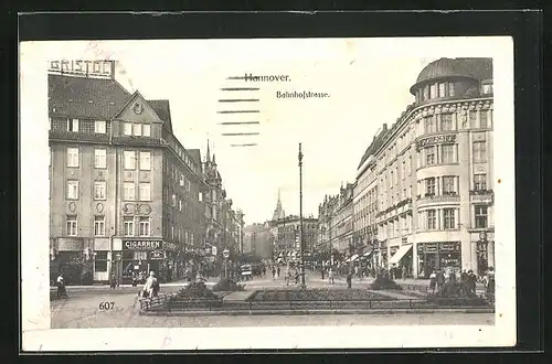 AK Hannover, An der Bahnhofstrasse mit Geschäften