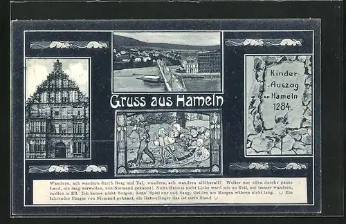 AK Hameln, Rattenfängerhaus, Teilansicht mit Brücke, Kinderauszug zu Hameln 1284