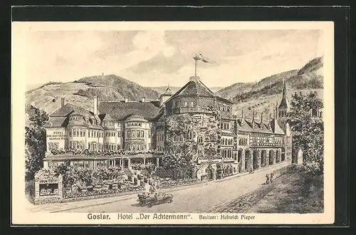 Künstler-AK Goslar, Hotel Der Achtermann & Auto