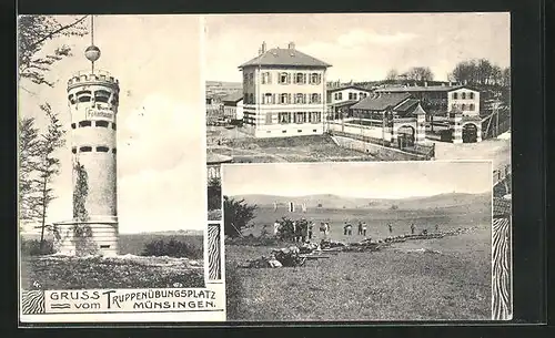 AK Münsingen, Truppenübungsplatz, Turm Falkenhausen, Soldaten auf einer Wiese, Ortspartie
