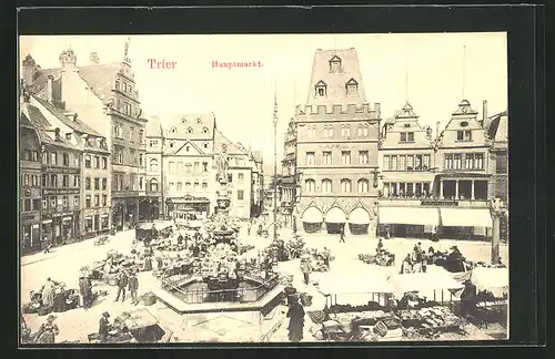 AK Trier, Hauptmarkt mit Brunnen und Marktständen