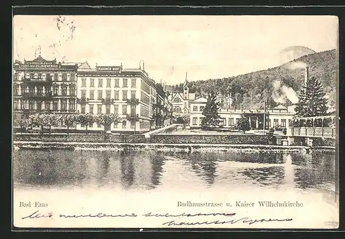 AK Bad Ems, Badhausstrasse u. Kaiser Wilhelmkirche