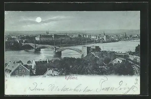 Mondschein-AK Koblenz, Ansicht von Ort und Rheinbrücke
