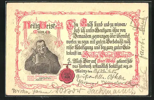 AK Mainz a. Rh., Urkunde des Heilig Geist mit Mönch