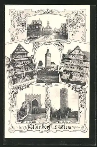 AK Allendorf a. d. Werra, Markt, Diebesturm, Warte, Eschstrut`s Haus, Bürgerhaus