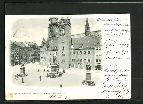 AK Chemnitz, Blick auf Marktplatz und Denkmäler