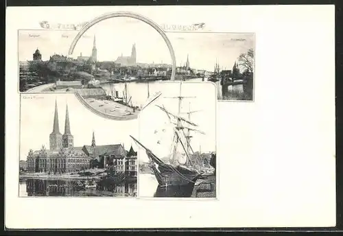 AK Lübeck, Dom, Hafen mit Segelschiff