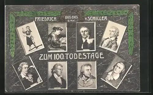 AK zum 100. Todestag Schillers am 9. Mai 1905, Portraits über die Jahre