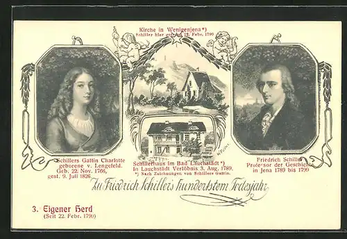 AK Erinnerung zum 100. Todestag Schillers am 9. Mai 1905, Portrait Schillers und seiner Frau