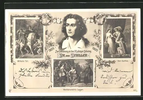 AK Erinnerung zum 100. Todestag Schillers am 9. Mai 1905, Szenen aus Wilhelm Tell und Don Carlos