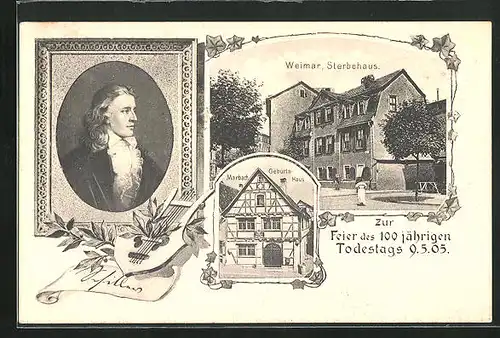 AK Erinnerung zum 100. Todestag Schillers am 9. Mai 1905, Sterbe- und Geburtshaus