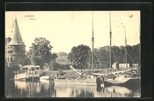 AK Lübeck, Segelschiff im Hafen
