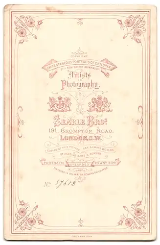 Fotografie Searle Bro`s, London-SW, 191, Brompton Road, Portrait bürgerliche Dame mit Buch an Stuhl gelehnt