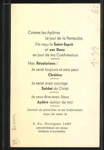 AK S. Exc. Monseigneur Lamy, Évêque d`Auxerre, Archevêque de Sens