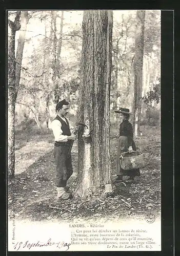 AK Landes, Résinier, Car pour lui dérober ses larmes de résine..., Mann sammelt Harz, Forstwirtschaft