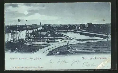 Mondschein-AK Cuxhaven, Teilansicht von der See gesehen