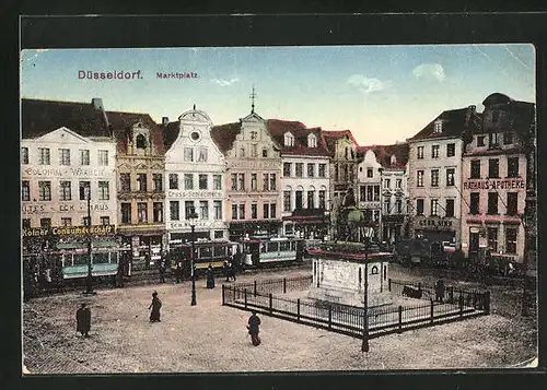 AK Düsseldorf, Marktplatz mit Conditorei & Café, Geschäften und Denkmal, Strassenbahn