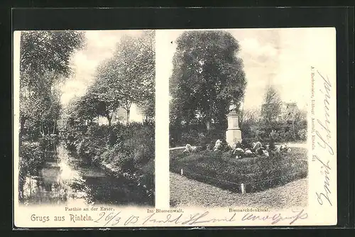 AK Rinteln, Partie mit Exter und Bismarckdenkmal im Blumenwall