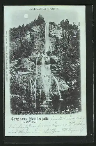 Mondschein-AK Goslar, Romkerhalle im Okerthal, Romkerwasserfall