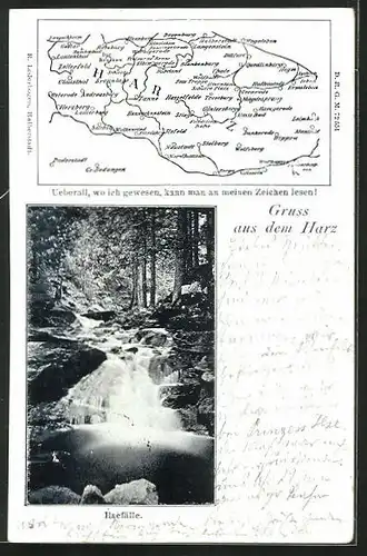 AK Ilsenburg / Harz, Landkarte mit Tanne, Wippra und Stolberg, Ilsefälle