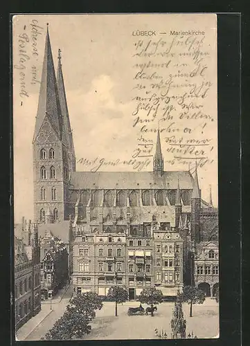 AK Lübeck, Marienkirche mit Pferdewagen