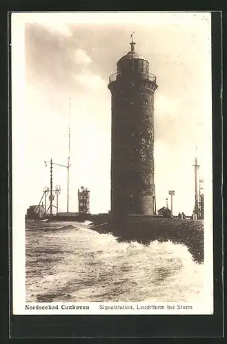 AK Cuxhaven, Signalstation, Leuchtturm bei Sturm