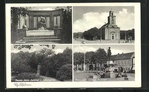 AK Husum, Ehrenmal, Kirche, Assmussen Woldsen-Brunnen