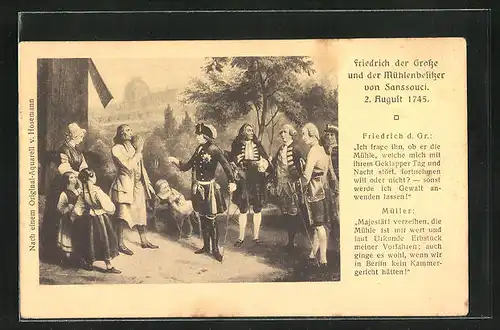 AK Potsdam, König Friedrich II. (der Grosse) und der Mühlenbesitzer, 2. August 1745