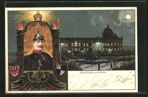 Lithographie Berlin, Königl. Schloss, Portrait Kaiser Wilhelm II.