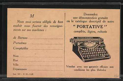 Künstler-AK Paris, Underwood Ste Ame, 26, Boulevard Haussmann, Reklame für Schreibmaschine Portative