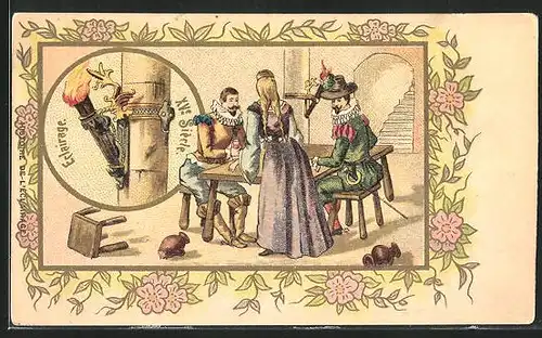 AK Eclairage, XVe Siècle, Zwei Herren am Tisch und Frau, Fackel