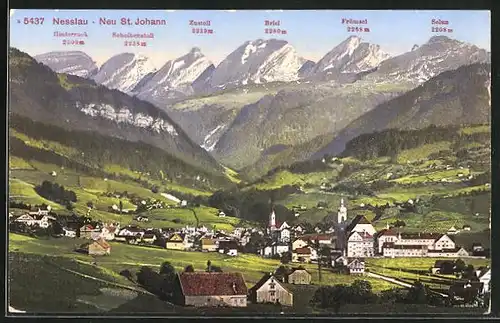 AK Nesslau-Neu St. Johann, Ortsansicht mit Alpenpanorama, Hinterruck, Scheibenstoll, Zustoll, Frümsel, Selun