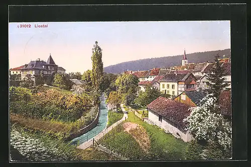 AK Liestal, Ortsteilansicht im Frühling mit Bach und Häusern