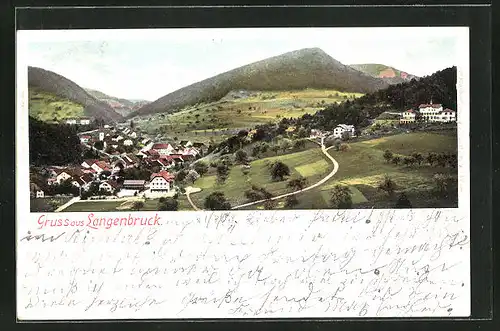 Passepartout-AK Langenbruck, Totalansicht mit Berglandschaft