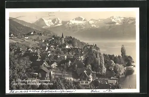 AK Hilterfingen a. Thunersee, Ortsansicht mit Eiger, Mönch und Jungfrau