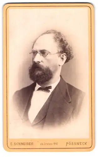 Fotografie E. Schneider, Pössneck, Ob. Graben 442, Brustportrait stattlicher Herr mit Brille und Vollbart