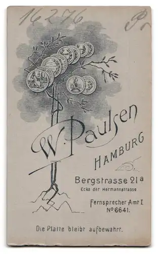 Fotografie W. Paulsen, Hamburg, Bergstrasse 21 a, Portrait eleganter Herr mit Oberlippenbart