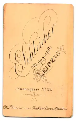 Fotografie E. Schleicher, Leipzig, Johannesgasse 29, Portrait kleines Mädchen im karierten Kleid an Sessel gelehnt