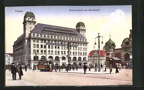 AK Essen, Bahnhofsplatz mit Handelshof & Strassenbahn