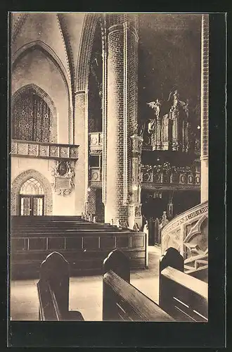 AK Lüneburg, St. Johanniskirche, Blick aus dem inneren südlichen Seitenschiff auf Barbarachor und Orgel