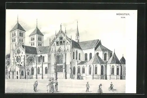 Künstler-AK Münster i. W., Dom und Flaneure