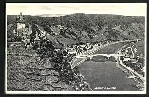 AK Cochem a. d. Mosel, Flusspartie mit Brücke und Blick auf die Burg Cochem
