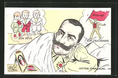 Künstler-AK sign. G. Lion: König Viktor Emmanuel III. von Italien träumt vom Sozialismus