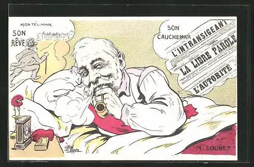 Künstler-AK sign. G. Lion: M. Loubet raucht Pfeife im Bett, Frankreich