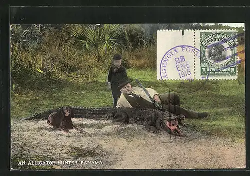 AK Jäger mit Jagdhund neben erlegtem Aligator in Panama