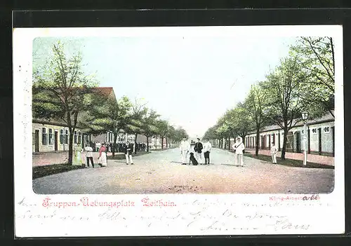 AK Zeithain, Truppen-Übungsplatz, König-Albert-Strasse mit Soldaten