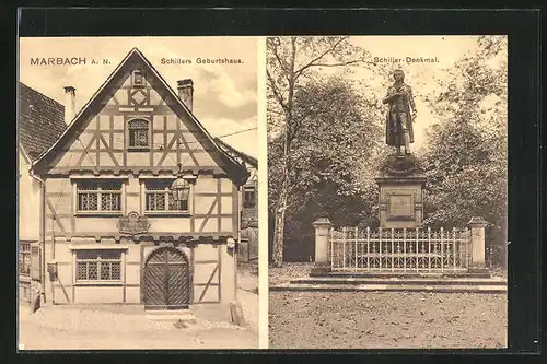 AK Marbach a. N., Schillers Geburtshaus, Schiller-Denkmal