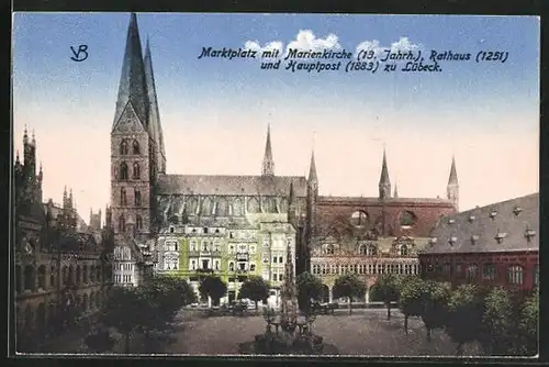 AK Lübeck, Marktplatz mit Marienkirche 13 Jahrh. Rathaus 1251 und Hauptpost