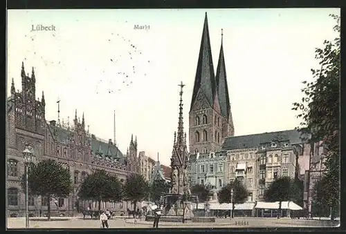 AK Lübeck, Markt mit Brunnen
